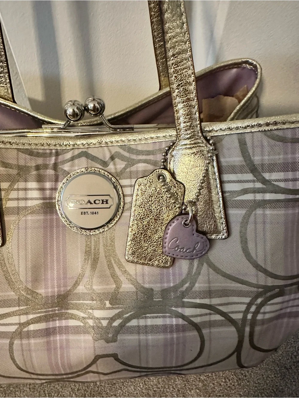 Coach Lavender Plaid Tote with Metallic Gold Trim